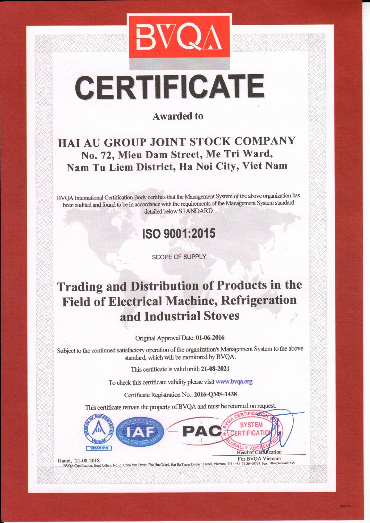 chứng nhận iso 9001:2015 cho Hải Âu Group