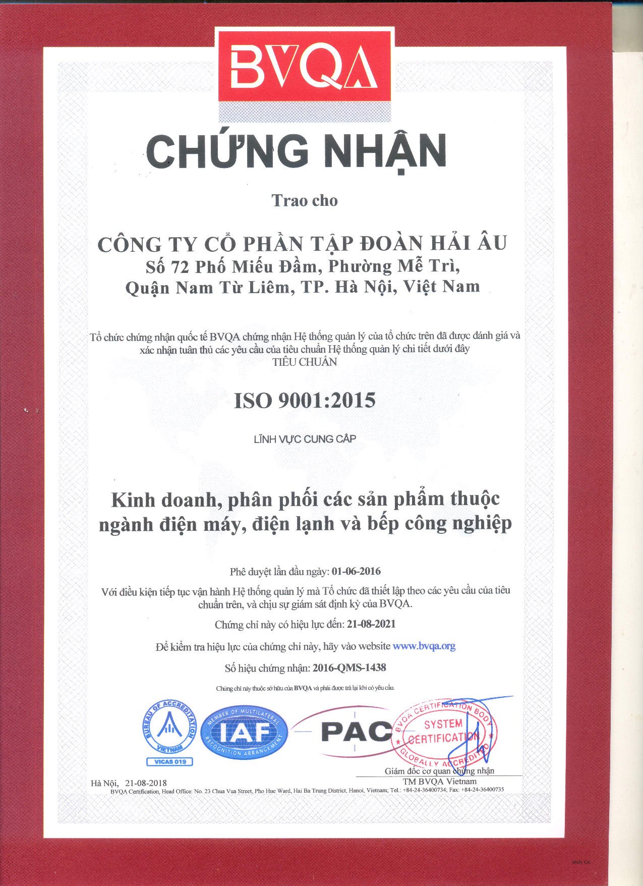 chứng nhận iso 9001:2015 cho Hải Âu Group